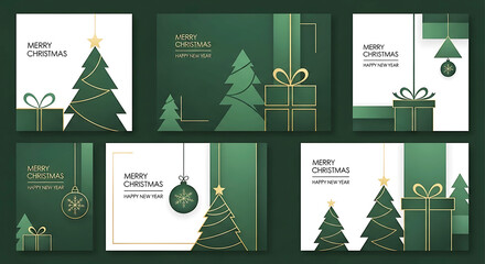 Elegant Christmas Card Set in Green and Gold with happy new year 2026