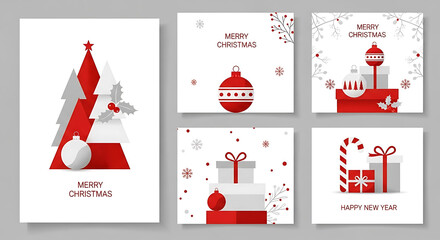 Festive Christmas and New Year Cards in Red and White