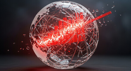 Shattered Glass Globe with Red 3D Bar Graph Declining Trend.