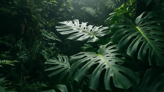 Lush tropical foliage featuring large Monstera leaves in a dense, green jungle.