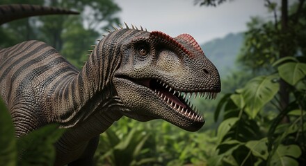 A digitally rendered theropod dinosaur with intricate skin patterns, displayed against a lush jungle backdrop.