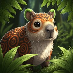 A charming, stylized creature with intricate spiral patterns and warm tones sits amidst lush greenery, bathed in soft sunlight.