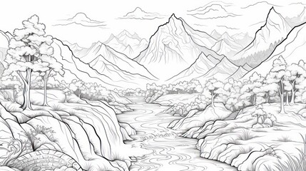 Fototapeta premium Mountain river valley illustration