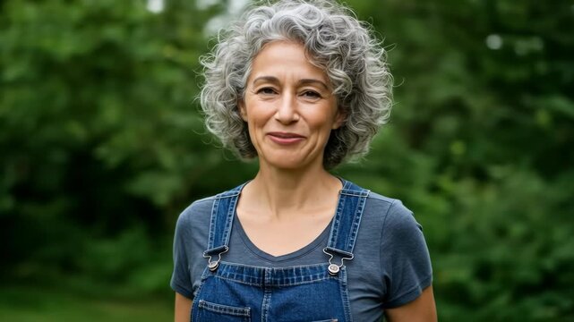 Smiling mature woman in overalls standing outdoors in a garden setting.