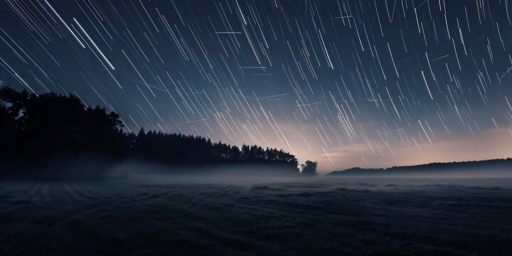 Mystical night sky with star trails over a misty landscape and silhouetted trees