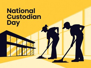 Gradient background of celebrate national custodian day with cleaning staff silhouette illustration