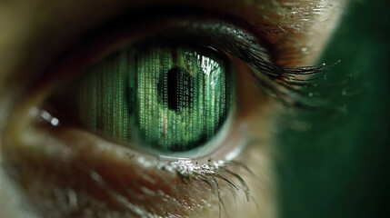 Close-up of an eye with digital green matrix code reflecting in the iris for technology theme