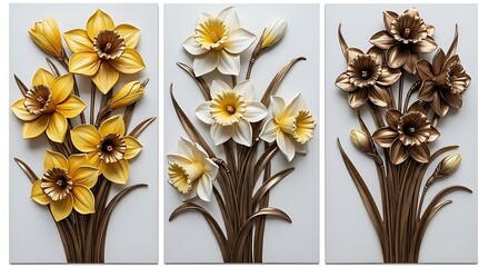 Three decorative panels showcasing a lavish arrangement of sculpted daffodils in yellow, white, and gold tones against a light background.