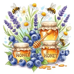 A charming arrangement of honey jars, blueberries, lavender, and wildflowers, bathed in warm colors and buzzing with bees, creates a sweet and wholesome composition.