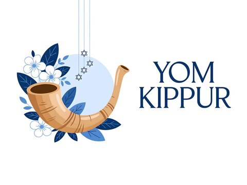 Gradient background of yom kippur greeting card with shofar, flowers, and stars isolated on white background