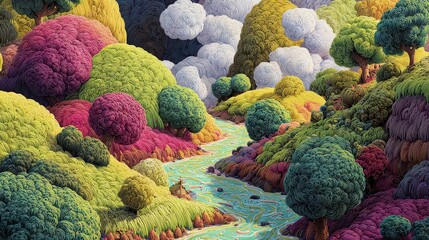 Colorful Fantasy Landscape with Rolling Hills and Cotton Clouds.