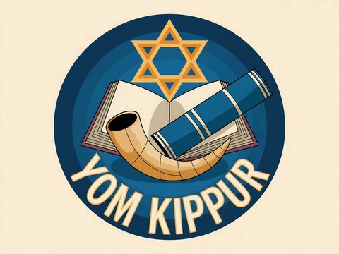Gradient background of yom kippur symbol with star of david, shofar and torah scroll illustration