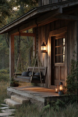  A cabin in the woods with a porch swing. A lantern hangs beside the door