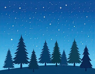 Silhouettes of evergreen trees against a starry night sky