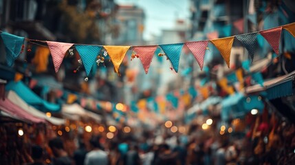 Colorful triangular pennant flags hang above a bustling street market with blurred crowds and stalls in the background.