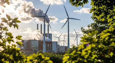 Modern power plant with wind turbines and lush greenery in the foreground.