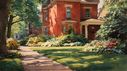 Fototapeta premium Sunny street scene with a vibrant red house
