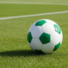A vibrant green and white soccer ball rests on a lush green field.