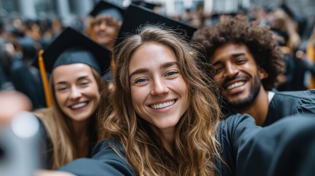 Three diverse graduates in caps and gowns smile happily while taking a selfie during a graduation ceremony.