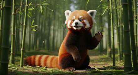 A playful red panda sits amidst lush bamboo, waving a paw in a cheerful woodland scene.