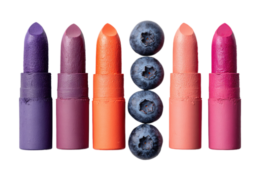 Colorful lipstick tubes in various shades of pink, purple, and orange, arranged in a horizontal row with fresh blueberries in the center