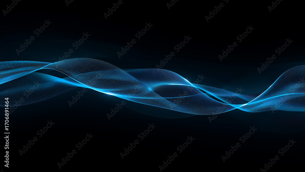 Poster abstract glowing blue wave of light particles flowing through darkness with intricate details and fu