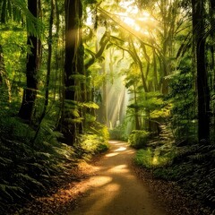 Sunlight streams through lush, green forest path