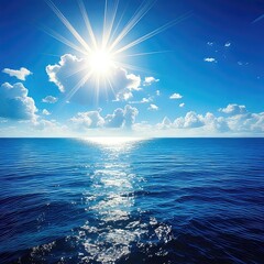 Vast ocean meets brilliant blue sky with sun rays