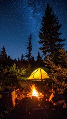 Night camp under a starry sky.  A bright campfire illuminates a yellow tent, nestled amidst tall trees