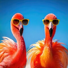 Two vibrant pink flamingos, side-by-side, wearing bright yellow sunglasses against a vivid blue sky