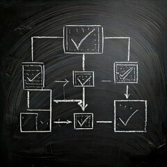 A hand-drawn flowchart on a dark chalkboard.  Simple boxes and lines depict a process with checkmarks