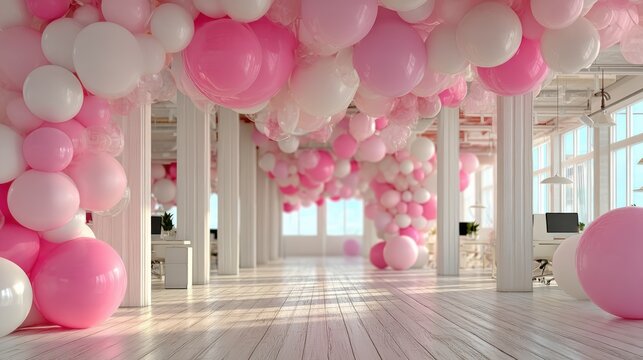 A spacious modern room decorated with clusters of pink and white balloons hanging from the ceiling and scattered on the wooden floor.