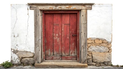 Rustic wooden red door with weathered frame, cut-out style. AI GENERATED.