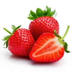 Three fresh strawberries, one sliced, on white background (1)