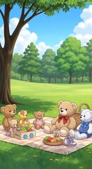 Adorable teddy bears enjoying a picnic in a vibrant park setting.