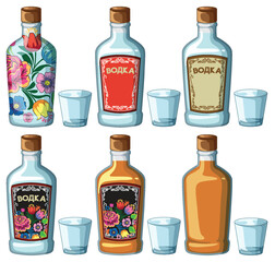 Six Decorative Vodka Bottles with Shot Glasses Vector Set