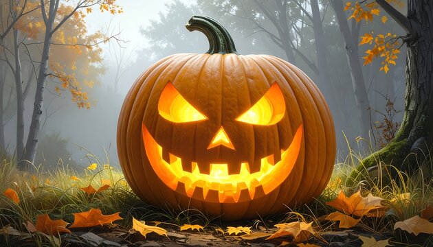 Illuminated Jack-o'-lantern in a misty autumn forest - Powered by Adobe