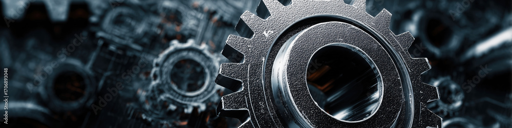 Poster close-up view of metallic gear in industrial setting with dark background and textured surface