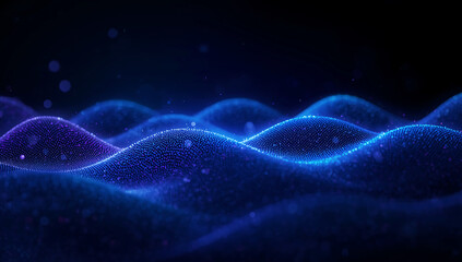 Abstract glowing blue waves with shimmering particles against a dark background creating a futuristic digital landscape