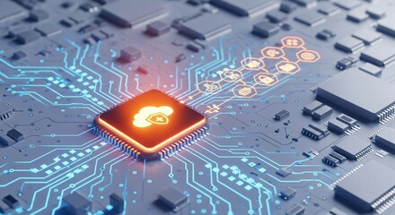 Secure Data Chip with Cloud Protection Icon Glows on Circuit Board