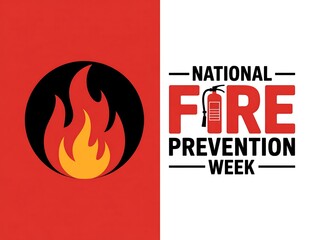 Gradient background of national fire prevention week logo with fire extinguisher isolated on white background