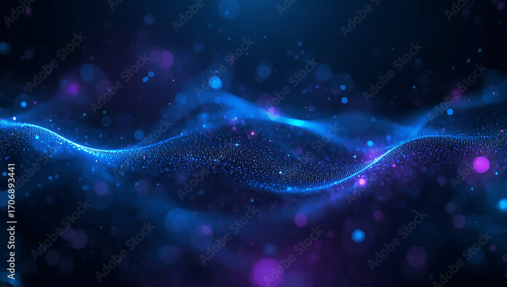Poster abstract glowing blue and purple wave of light particles in deep space with bokeh effect
