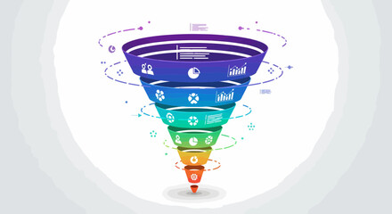 Colorful Sales Funnel Illustration With Data Visualizations And Metrics
