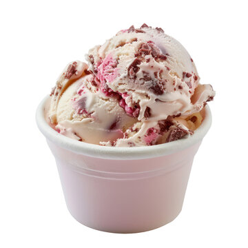A single scoop of ice cream with strawberry and chocolate chunks in a pink cup.