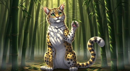 A stylized, whimsical leopard-cat character sits amidst a vibrant bamboo forest, its friendly demeanor and bright eyes captivating the viewer.