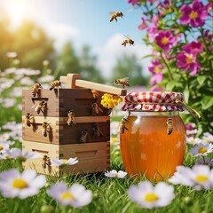 A charming display of a wooden beehive, teeming with industrious bees, next to a jar of golden honey, set amidst a vibrant garden of daisies and flowers.