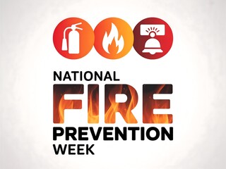 Gradient background of national fire prevention week logo with extinguisher, flame, and alarm icons