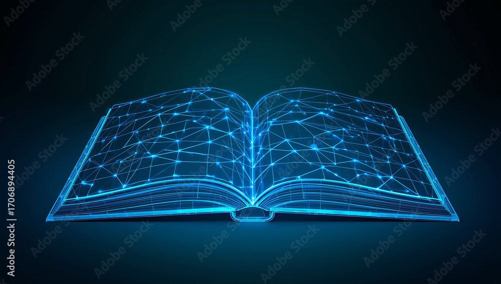 Aufkleber glowing digital open book with interconnected lines and nodes representing knowledge and technology 