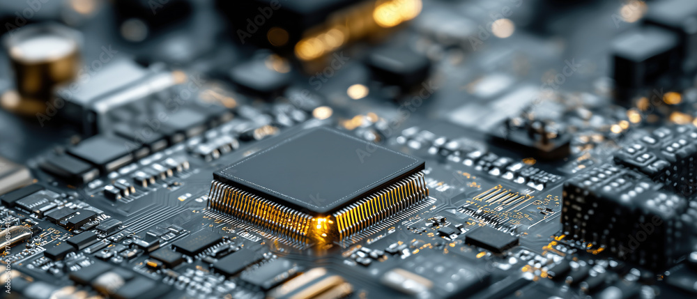 Poster close-up of a complex circuit board featuring microprocessor and electronic components