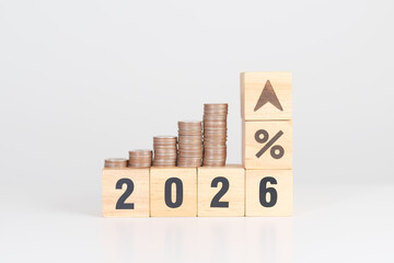 2026 New year with percentage change to UP and Down arrow with coin stack. Interest rate, GDP, stocks market, financial, deflation and Inflation, mortgage, debt, Loan and Economic Recession